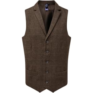 A herringbone waistcoat in a rich brown hue, featuring a single-breasted design and two front pockets.