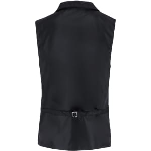 A black herringbone waistcoat with a collared neckline and a belt detail at the back. The fabric appears smooth and sleek.