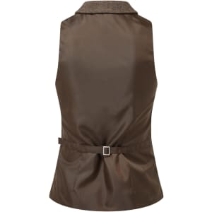 A brown women's herringbone waistcoat with a fitted back and adjustable belt. Features a sleeveless design.