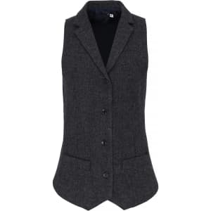 A women's herringbone waistcoat in dark grey, featuring a tailored design with buttons and front pockets.