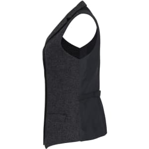 A women's herringbone waistcoat in grey, featuring a sleek design and a fitted silhouette. It includes a logo.