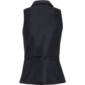 A women's black herringbone waistcoat with a fitted design and a rear belt buckle, featuring a collar.