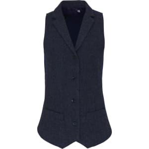 A women's navy herringbone waistcoat featuring a tailored design, button closure, and two front pockets.
