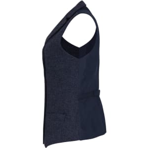 A women's herringbone waistcoat featuring a split design in navy and dark blue, with a sleek tailored fit and a branding logo.