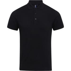 A black polo shirt featuring a collar and three buttons, with a logo on the chest.