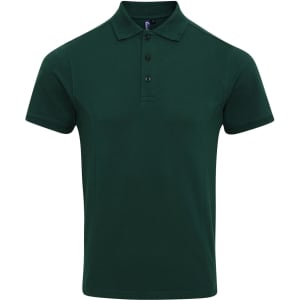 A dark green polo shirt with a three-button placket and a collar, featuring a logo.
