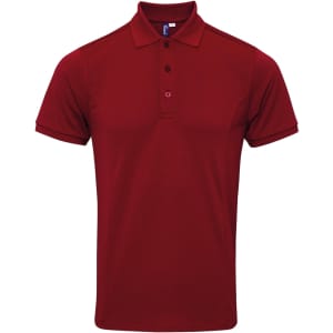 A red polo shirt with a collar and three buttons, featuring a small logo on the chest area.