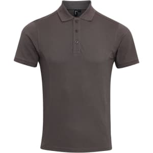 A charcoal grey polo shirt with a classic collar and three-button placket, featuring a small logo.
