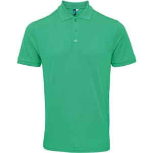 A green polo shirt with a classic collar and three buttons, featuring a logo.