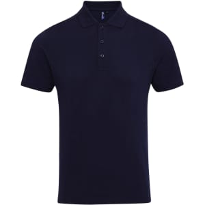 A navy blue polo shirt with a collar, three buttons, and a branding logo.