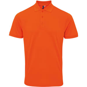 An orange polo shirt with a collar and three buttons, featuring a logo on the chest.