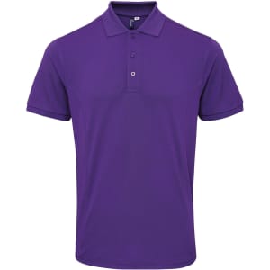 A purple polo shirt with a three-button placket and short sleeves, featuring a logo on the chest.
