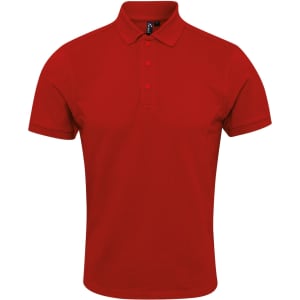 A red polo shirt with a classic collar and three-button placket, featuring a logo on the chest.