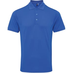 A blue polo shirt with a classic collar and three buttons, featuring a logo on the chest.