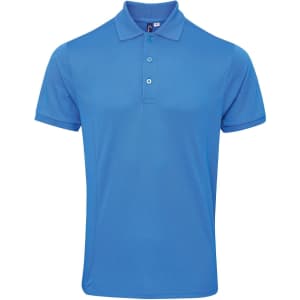 A blue polo shirt featuring a classic collar, short sleeves, and a logo on the chest.
