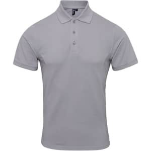A grey polo shirt with a classic collar and three buttons, featuring a logo on the chest.