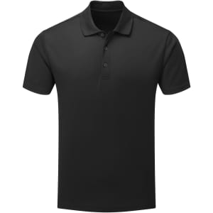 A black polo shirt with a classic collar and three buttons, featuring a logo on the chest.
