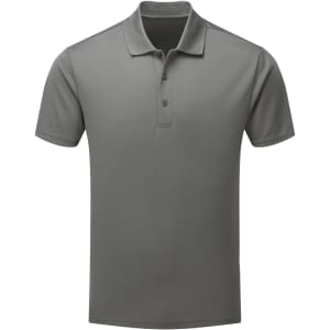 A grey men's polo shirt made from spun dyed recycled material, featuring a collar and three buttons.