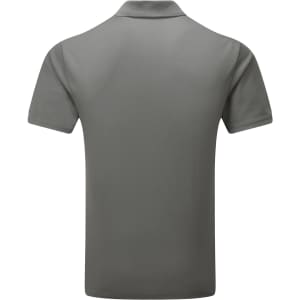 A grey men's polo shirt with a classic collar and short sleeves, featuring a logo on the front.