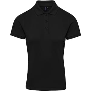 A black women's polo shirt with a classic collar and button placket. It features short sleeves and includes a logo.