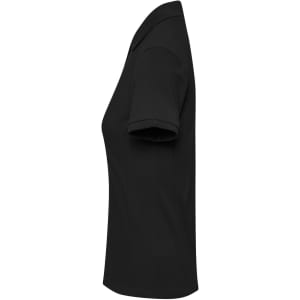 A women's black polo shirt featuring a classic pique design and short sleeves, with a logo on the front.