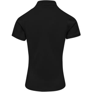 A black women's polo shirt with a classic pique texture and a collar. Features a branding logo on the back.