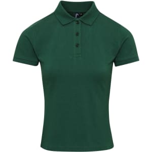 A dark green women's polo shirt featuring a classic collar and three-button placket. It has a logo on the chest.