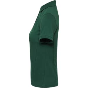 A green women's polo shirt with a classic collar and short sleeves, featuring a logo on the chest.
