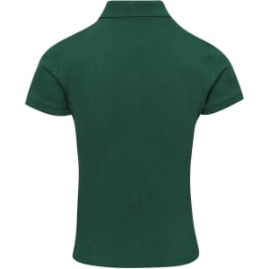 A short-sleeved polo shirt in deep green with a collar, featuring a logo on the chest.