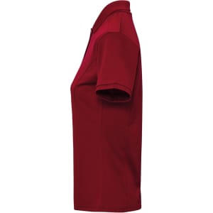 A red women's polo shirt with short sleeves, featuring a fitted design and a logo on the chest.