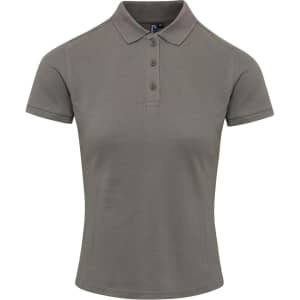 A women's short-sleeve polo shirt in a muted grey colour with a collar and three buttons, featuring a logo.