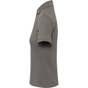 A grey women's polo shirt with short sleeves and a collar, featuring a logo on the side.