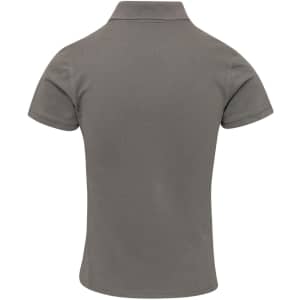 A grey women's polo shirt with a classic pique design and a collar, featuring short sleeves and a plain back.