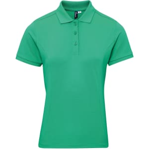 A green women's polo shirt with a collar and four buttons, featuring a logo.