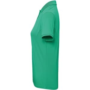 A women's polo shirt in vibrant green, featuring a classic collar and short sleeves. It has a logo on it.