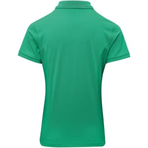 A vibrant green polo shirt with a classic collar and short sleeves, featuring a logo on the chest.