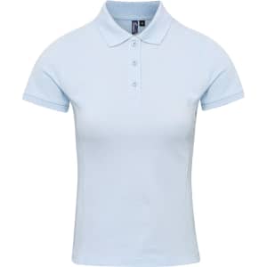 A light blue women's polo shirt with a collared neck, short sleeves, and a single logo on the chest.
