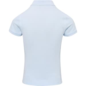 A light blue women's polo shirt with a collar and short sleeves, featuring a logo on the back.