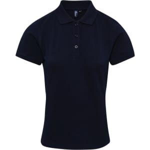A navy polo shirt with a classic collar and short sleeves, featuring a button placket and a logo.