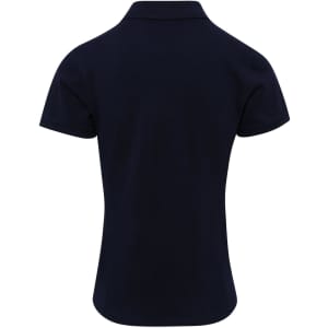 A navy blue women's polo shirt with a classic pique texture and a small logo on the back.