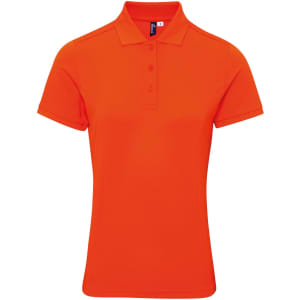 An orange women's polo shirt with a classic collar and three buttons, featuring a branding logo.