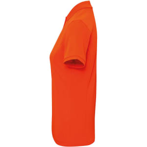 A bright orange women's polo shirt featuring a stylish pique design and a logo.
