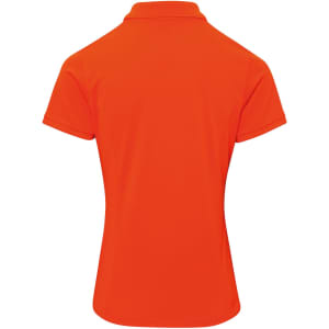 An orange women's polo shirt featuring a classic pique texture and a collar. The back view highlights a fitted silhouette.