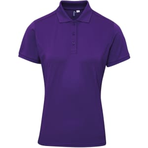 A purple women's polo shirt with a classic collar and three buttons, featuring a logo on the chest.