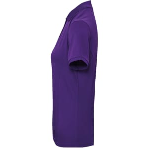 A side view of a women's polo shirt in purple, featuring short sleeves and a collar, with a logo present.
