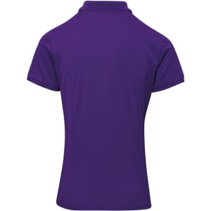 A purple women's polo shirt with a classic collar and short sleeves, featuring a logo on the back.