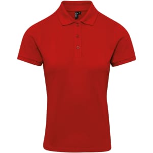 A red women's polo shirt with a classic collar and three-button placket, featuring a logo.