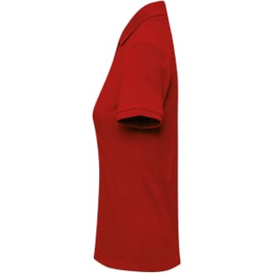 A red women's polo shirt, featuring a classic pique texture and a collar, displayed from the side.