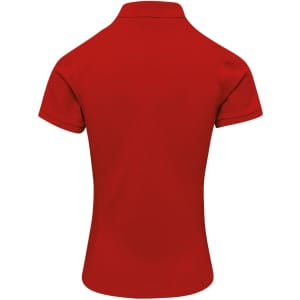 A red polo shirt featuring a collar and short sleeves, with a logo on the back.