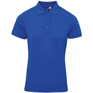 A blue women's polo shirt with a classic collar and three-button placket. The shirt has a logo on it.